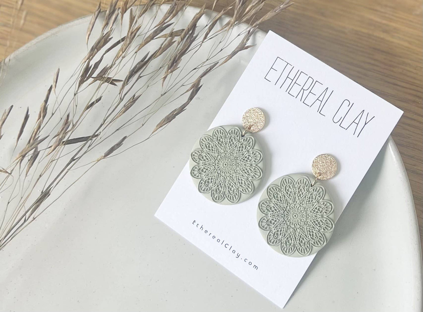 Boho Clay Earrings, Textured: Sage