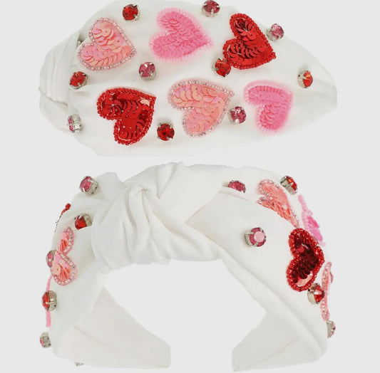 Valentines Knotted Embellished Headband: White Hearts