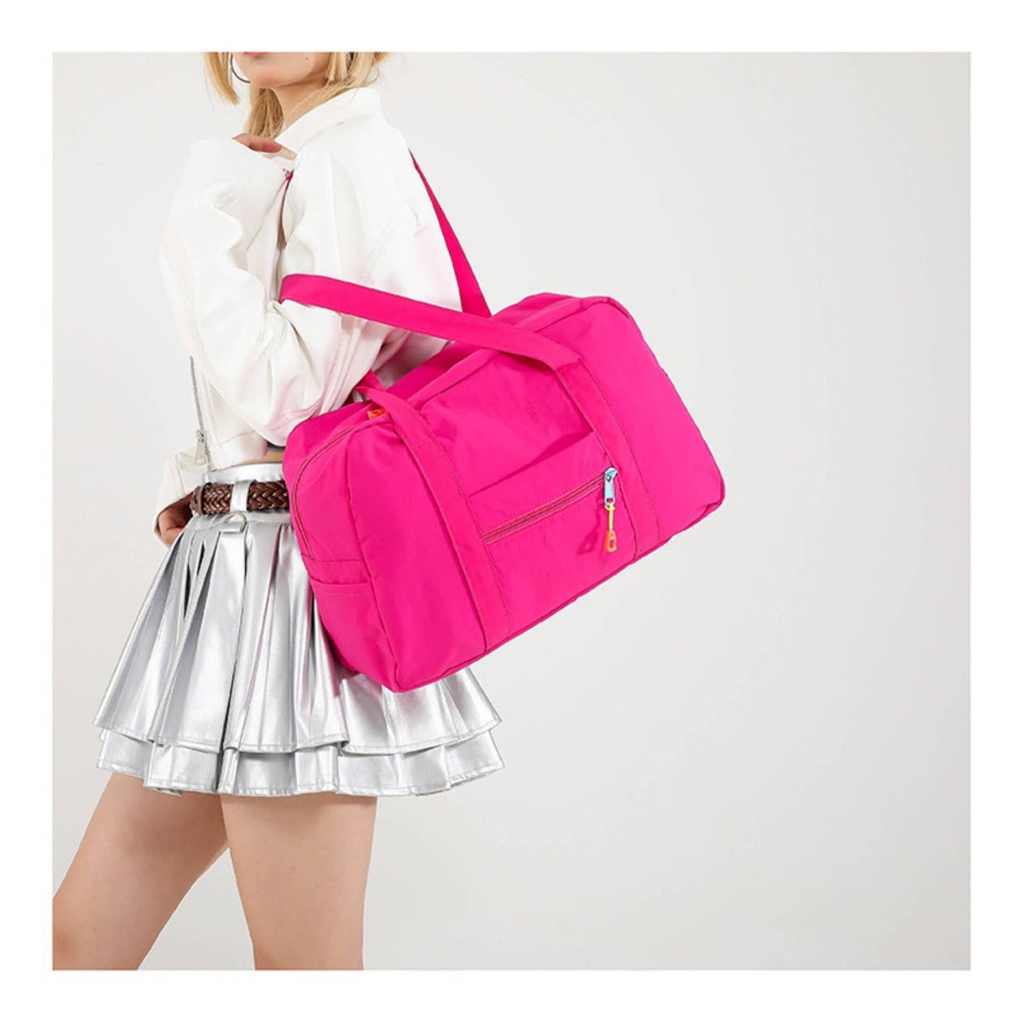 Large Capacity Travel Bag with Handheld, Nylon Shoulder Bag: Rose Red