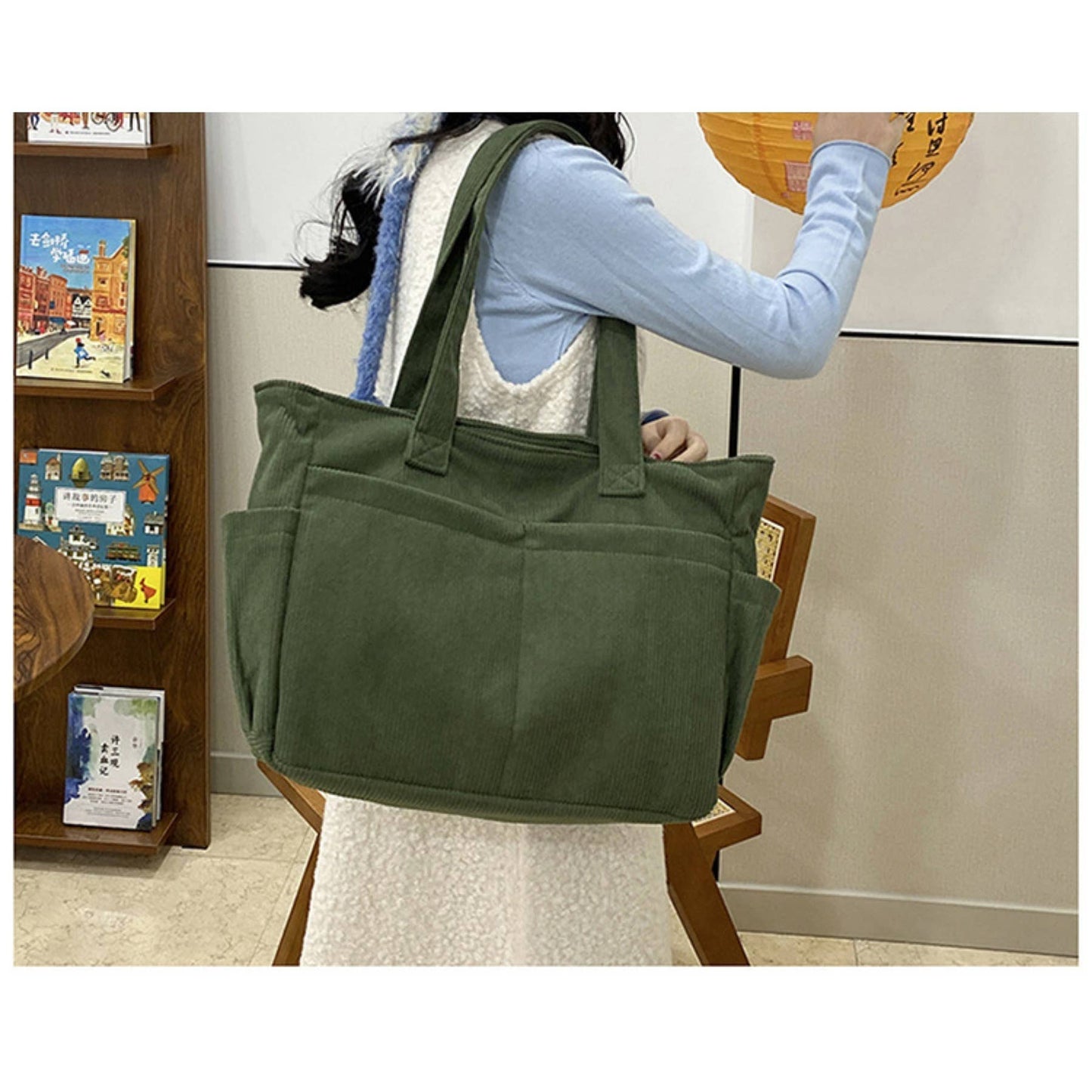 Casual Solid Color Corduroy Zippered Shoulder Bag Tote: Green