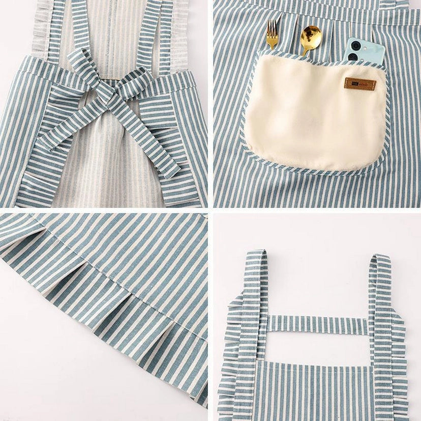 Stripe Cooking Linen Apron with Pockets