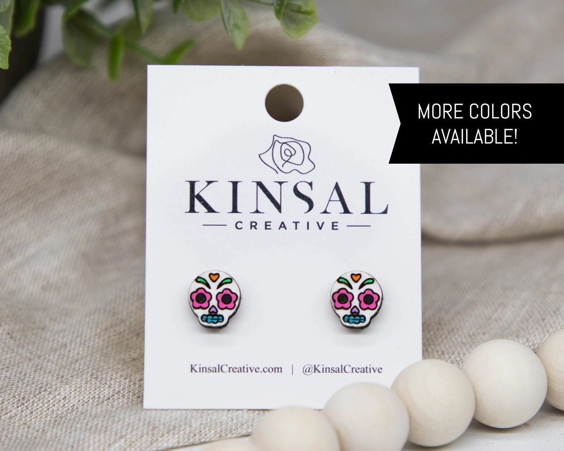 Sugar Skull Wooden Stud Earrings