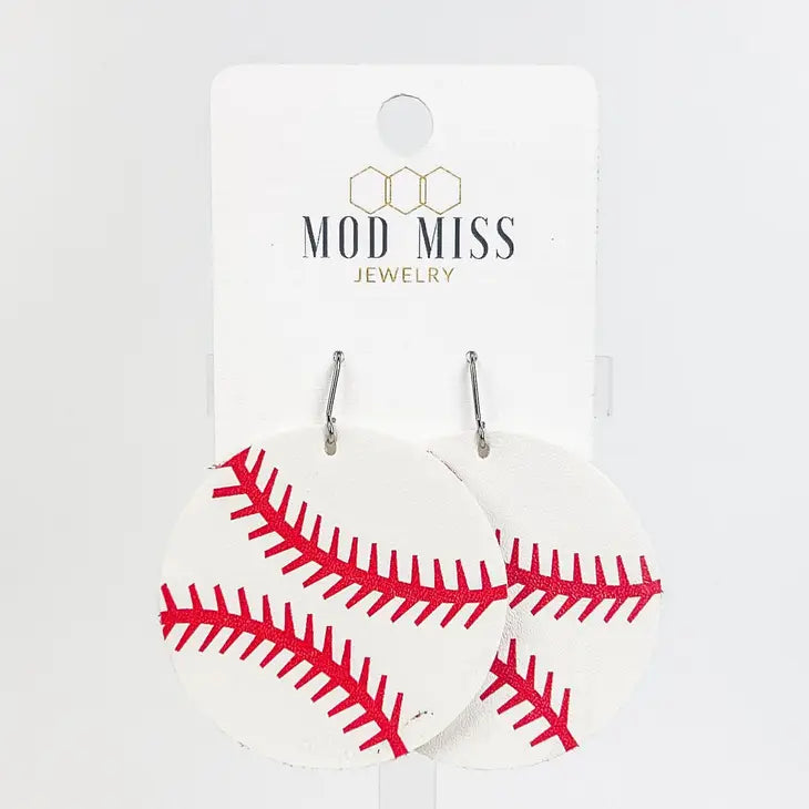 Leather Round Earring "Baseball"
