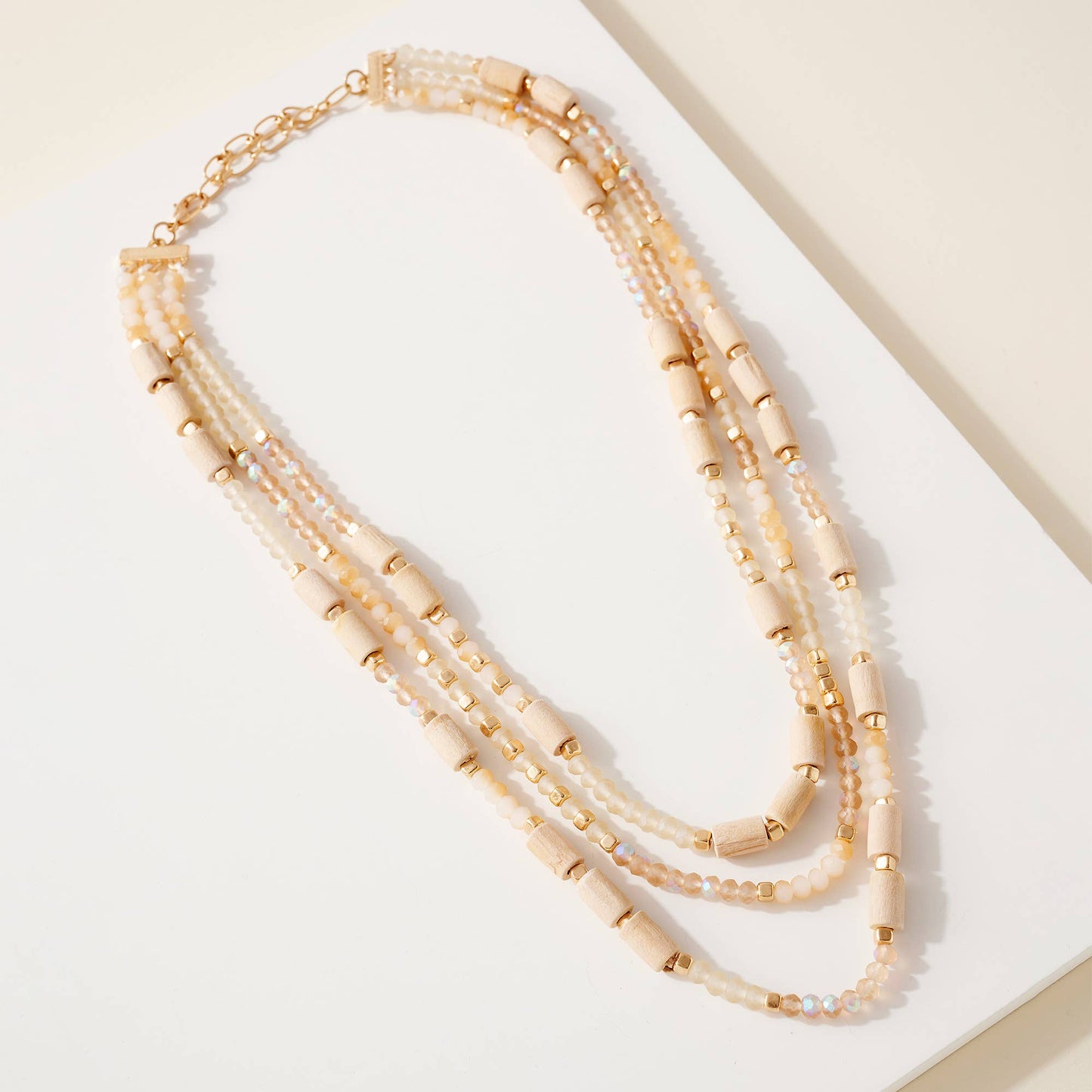 Layered Wood Glass Bead Necklace: NATURAL