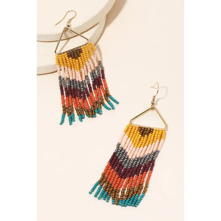 Triangle Cutout Seed Beaded Fringe Earrings