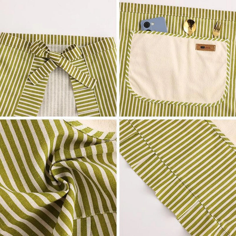 Stripe Waist-Tie Cooking Linen Apron with Pockets BLUE/CREAM