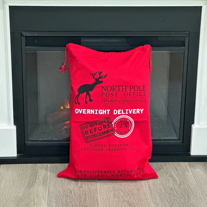 LARGE Santa Drawstring Sack - North Pole RED