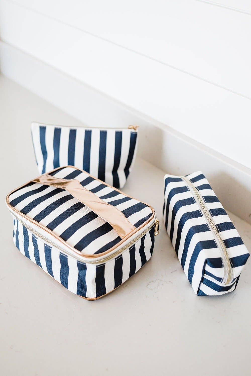 Sasha 3 Piece Cosmetic Bag Set: Navy Stripes