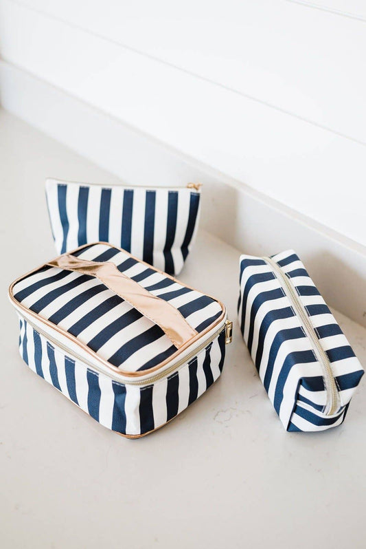 Sasha 3 Piece Cosmetic Bag Set: Navy Stripes