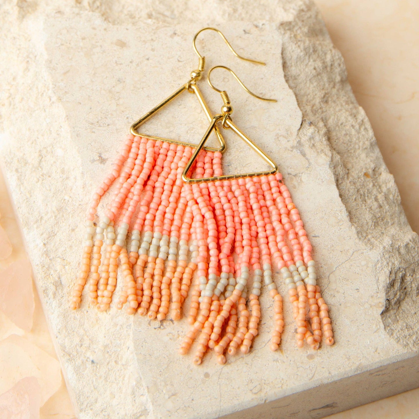 Beaded Earrings Irie Seed Bead Triangle Chandelier: Coral
