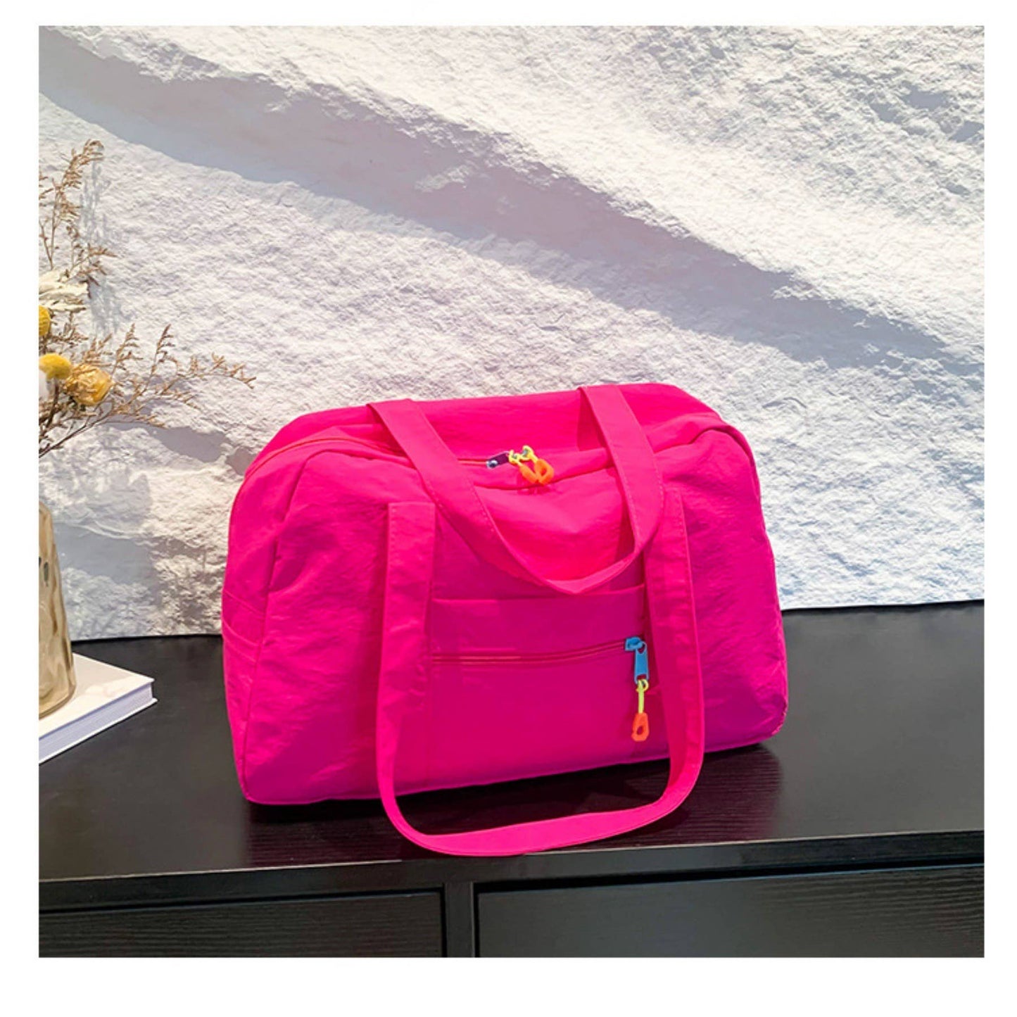 Large Capacity Travel Bag with Handheld, Nylon Shoulder Bag: Rose Red