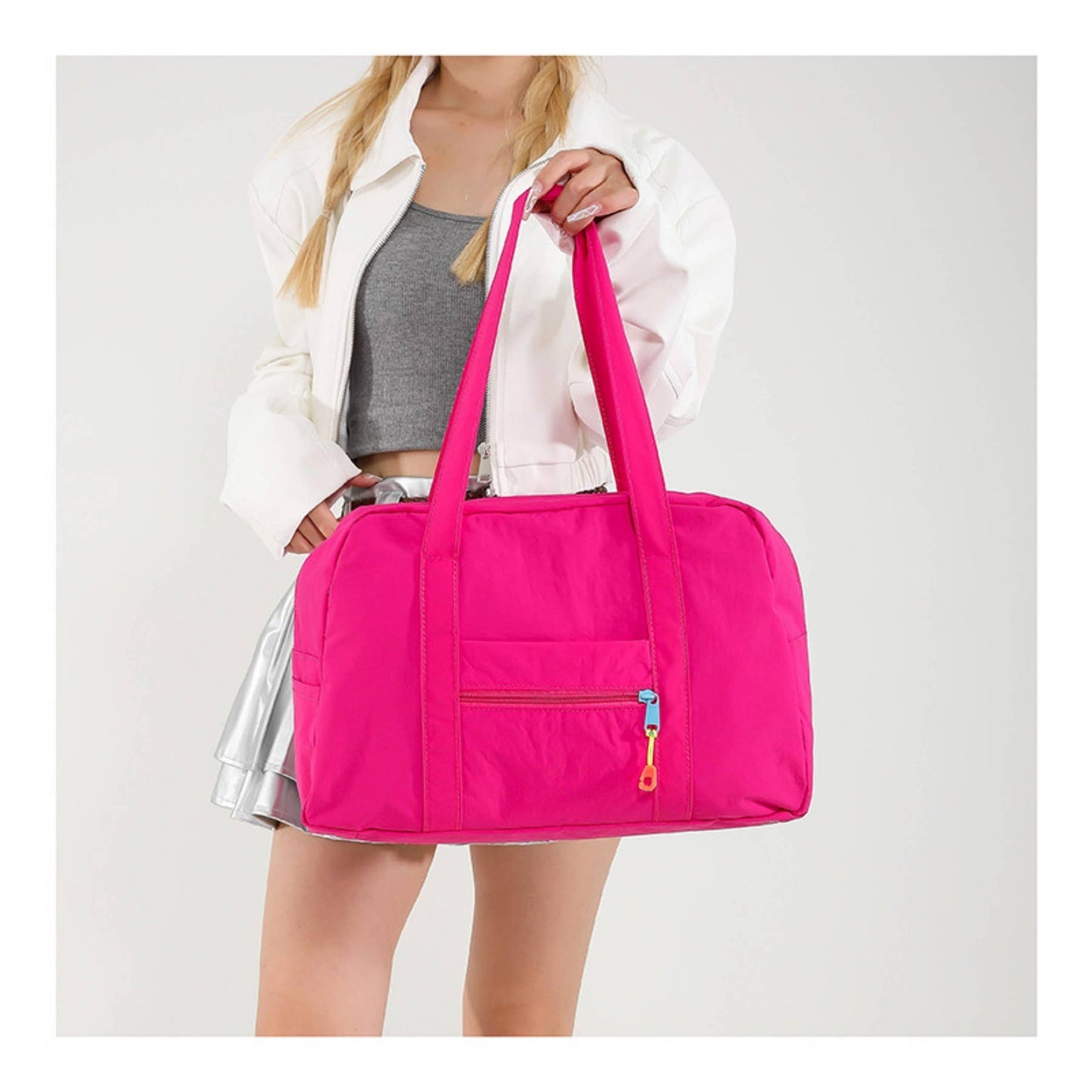 Large Capacity Travel Bag with Handheld, Nylon Shoulder Bag: Rose Red