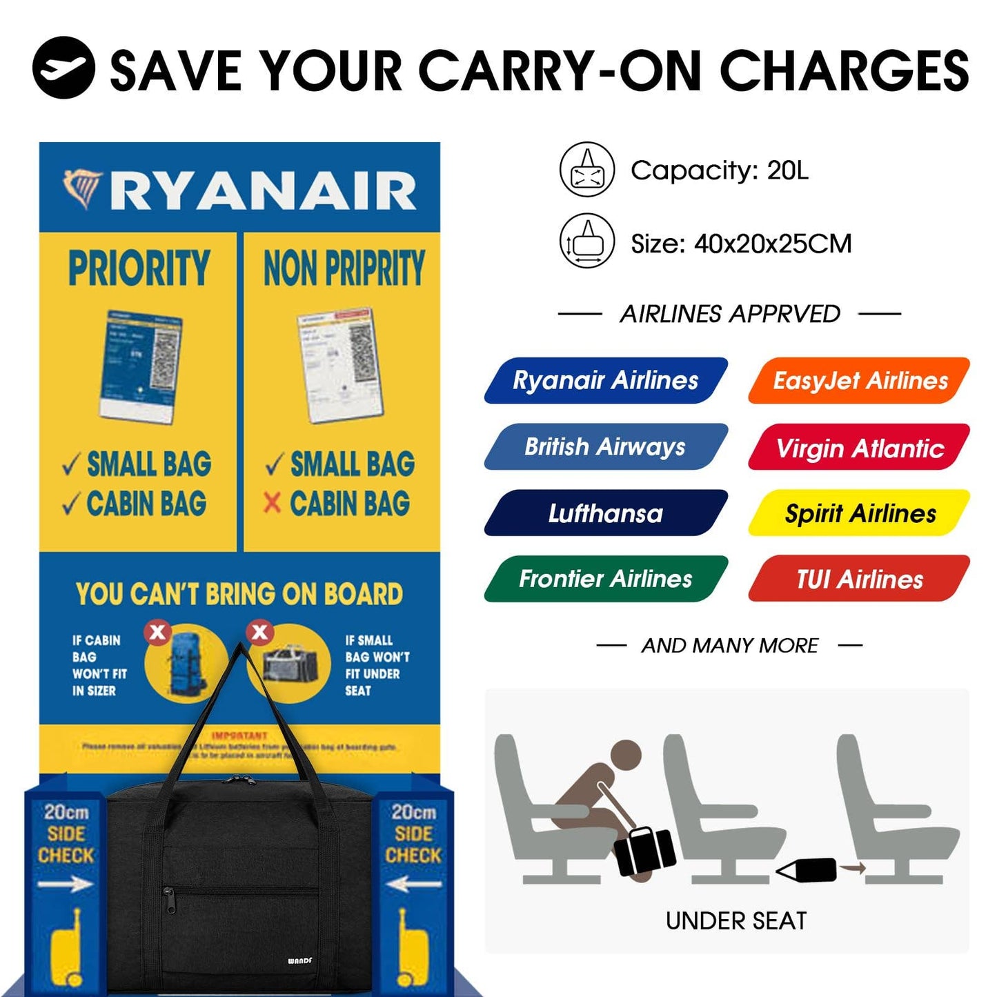 Airplane Personal Item Travel Bag Best Underseat Bag WF1122: Black