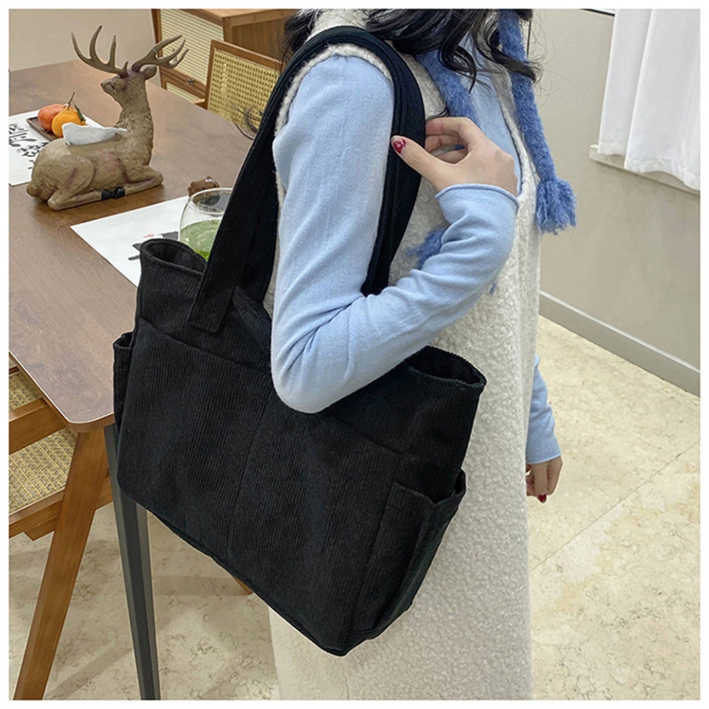 Casual Solid Color Corduroy Zippered Shoulder Bag Tote: Black