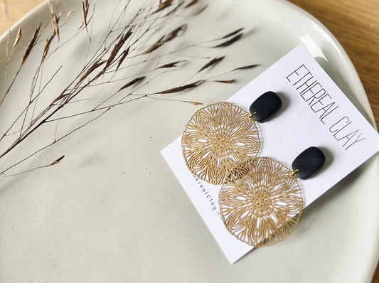 Boho Clay Earrings, Brass Detailed Charm 