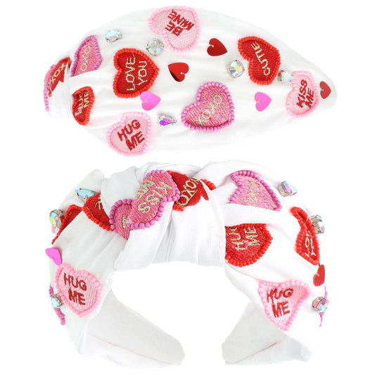 Valentines Knotted Embellished Headband: Conversation Hearts
