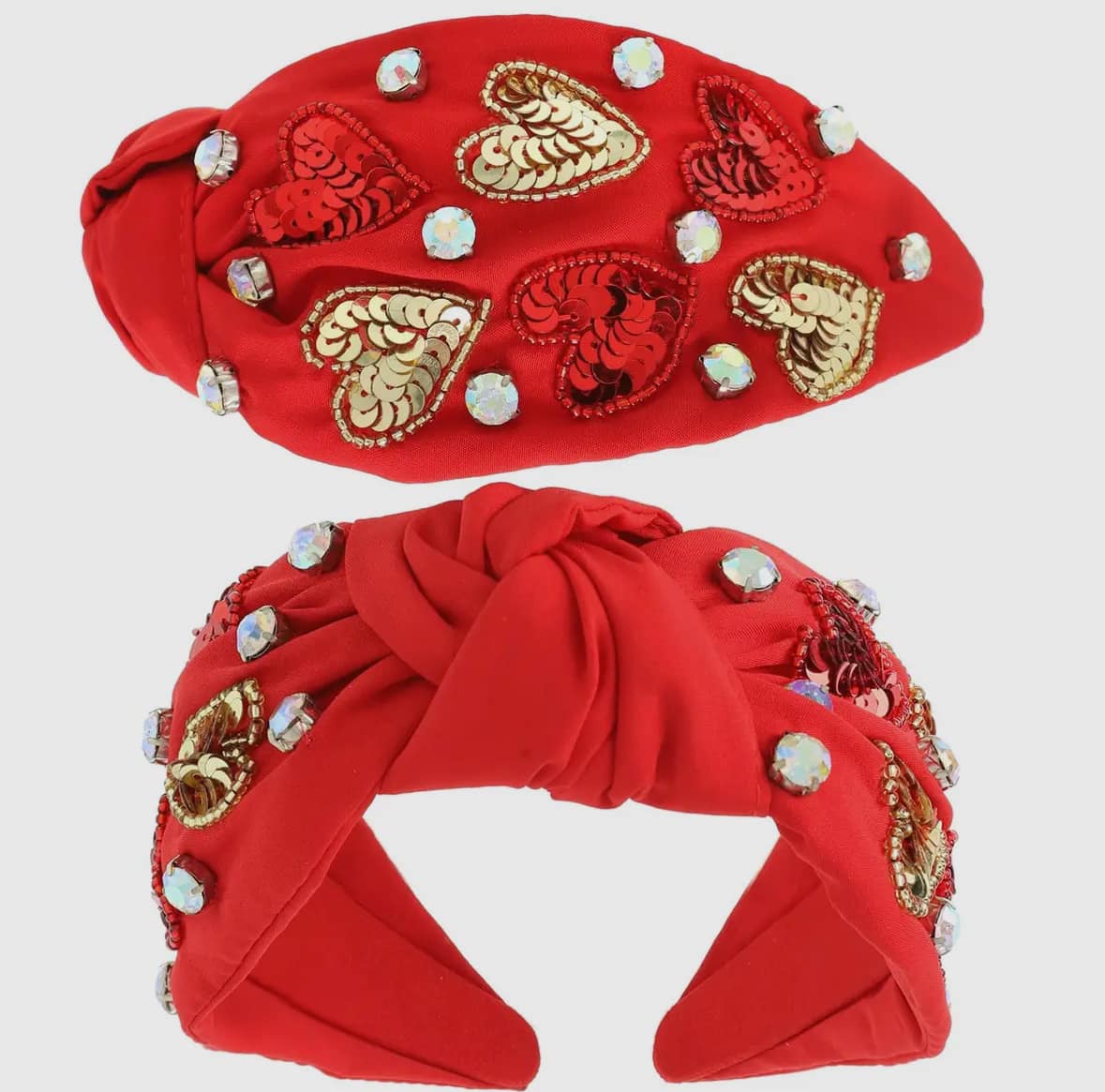 Valentines Knotted Embellished Headband: Red/Gold Hearts