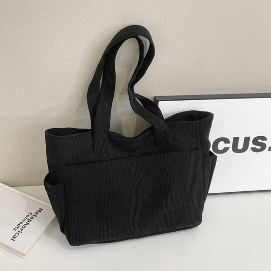 Casual Solid Color Corduroy Zippered Shoulder Bag Tote: Black