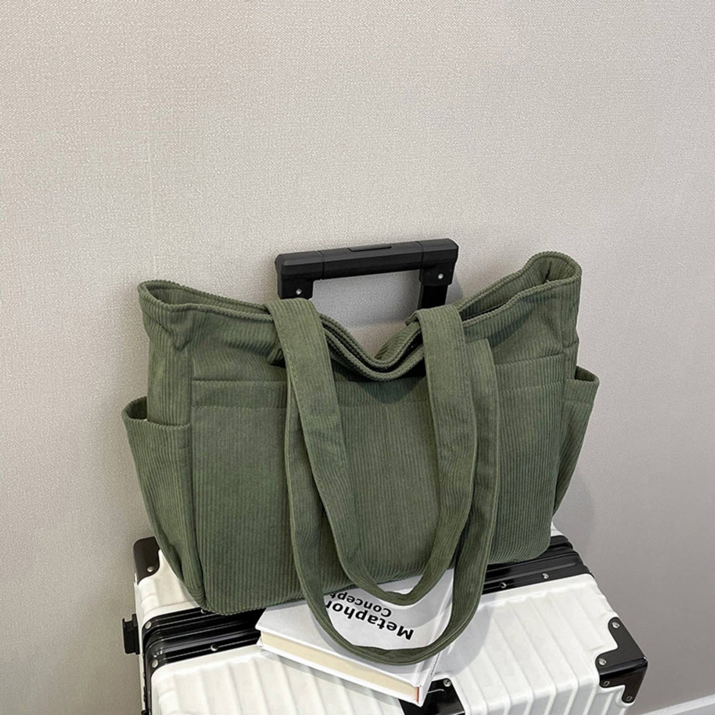 Casual Solid Color Corduroy Zippered Shoulder Bag Tote: Green