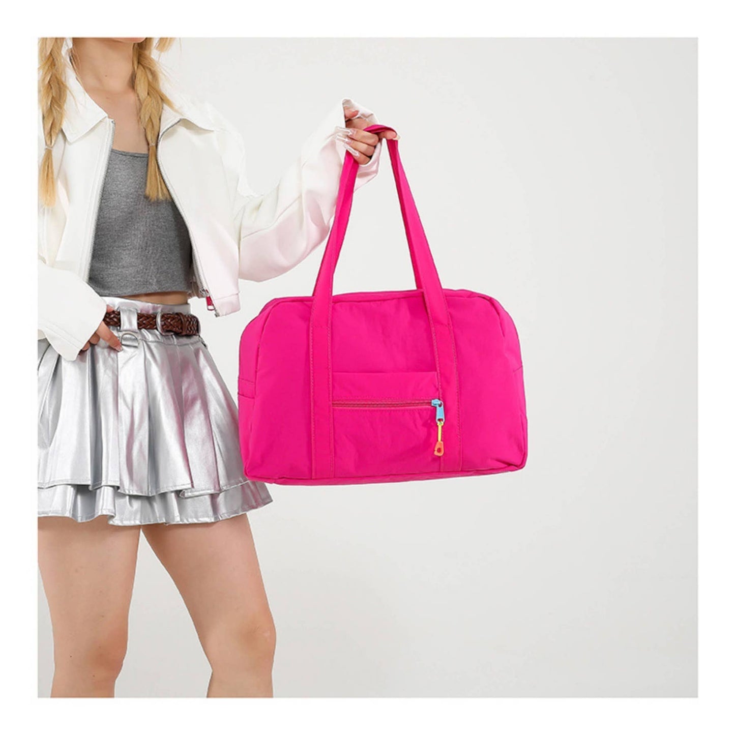 Large Capacity Travel Bag with Handheld, Nylon Shoulder Bag: Rose Red