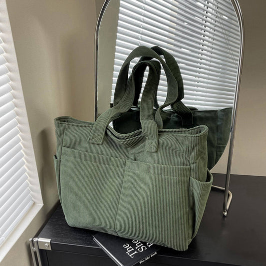 Casual Solid Color Corduroy Zippered Shoulder Bag Tote: Green