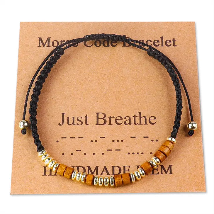 Just Breathe: Morse Code Hand-Woven Wooden Bead Bracelets