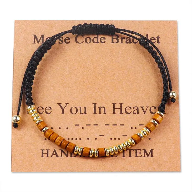 See You in Heaven: Morse Code Hand-Woven Wooden Bead Bracelets