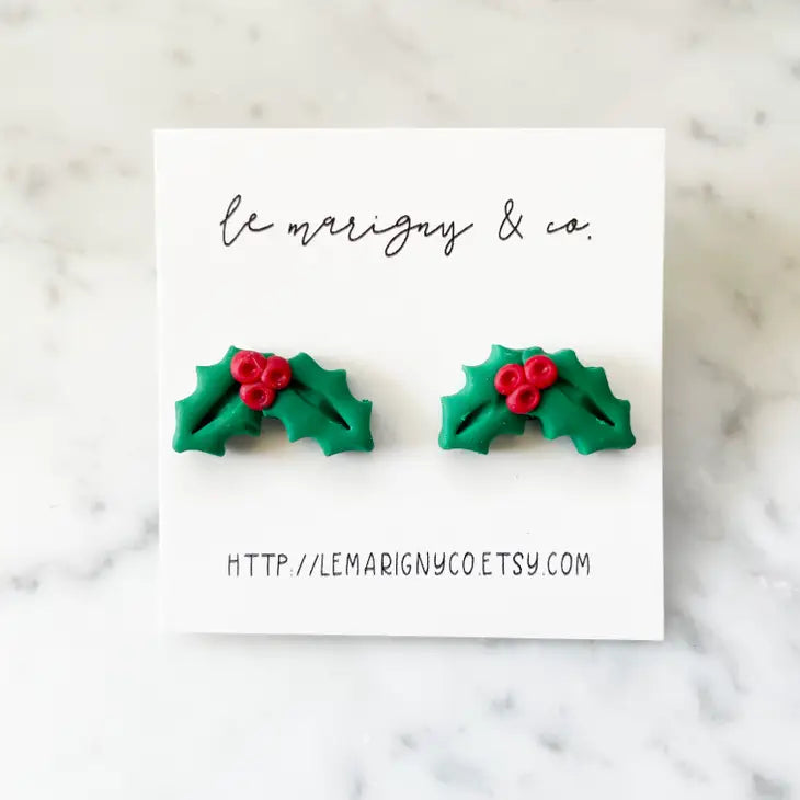Red Holly Clay Stud Earring - Christmas