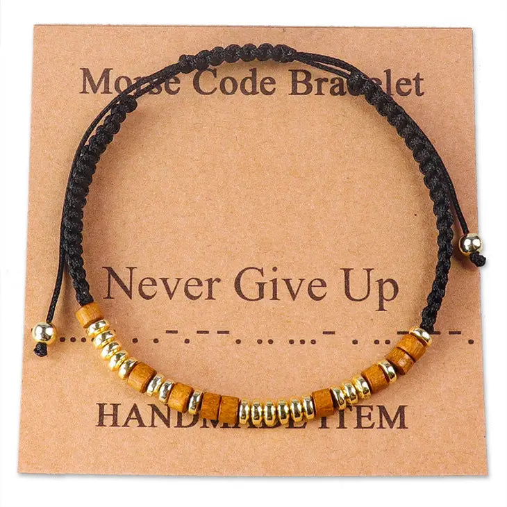 Never Give Up: Morse Code Hand-Woven Wooden Bead Bracelets