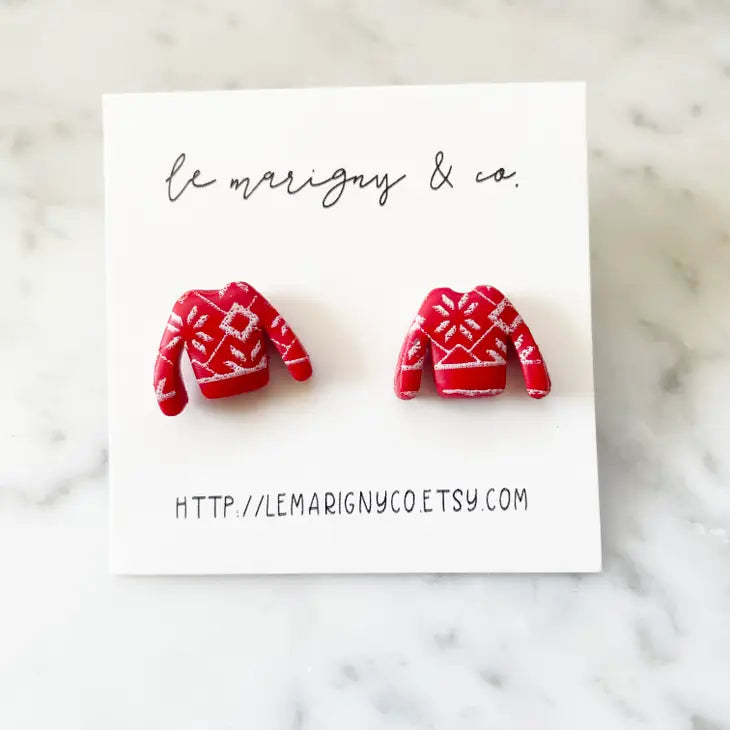 Red Ugly Sweater Polymer Clay Stud Earring - Christmas