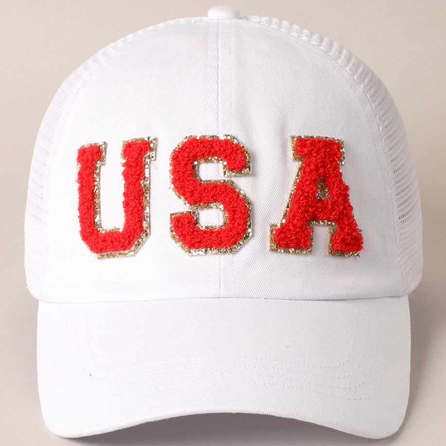 USA Chenille Glitter Letter Patch Baseball Cap