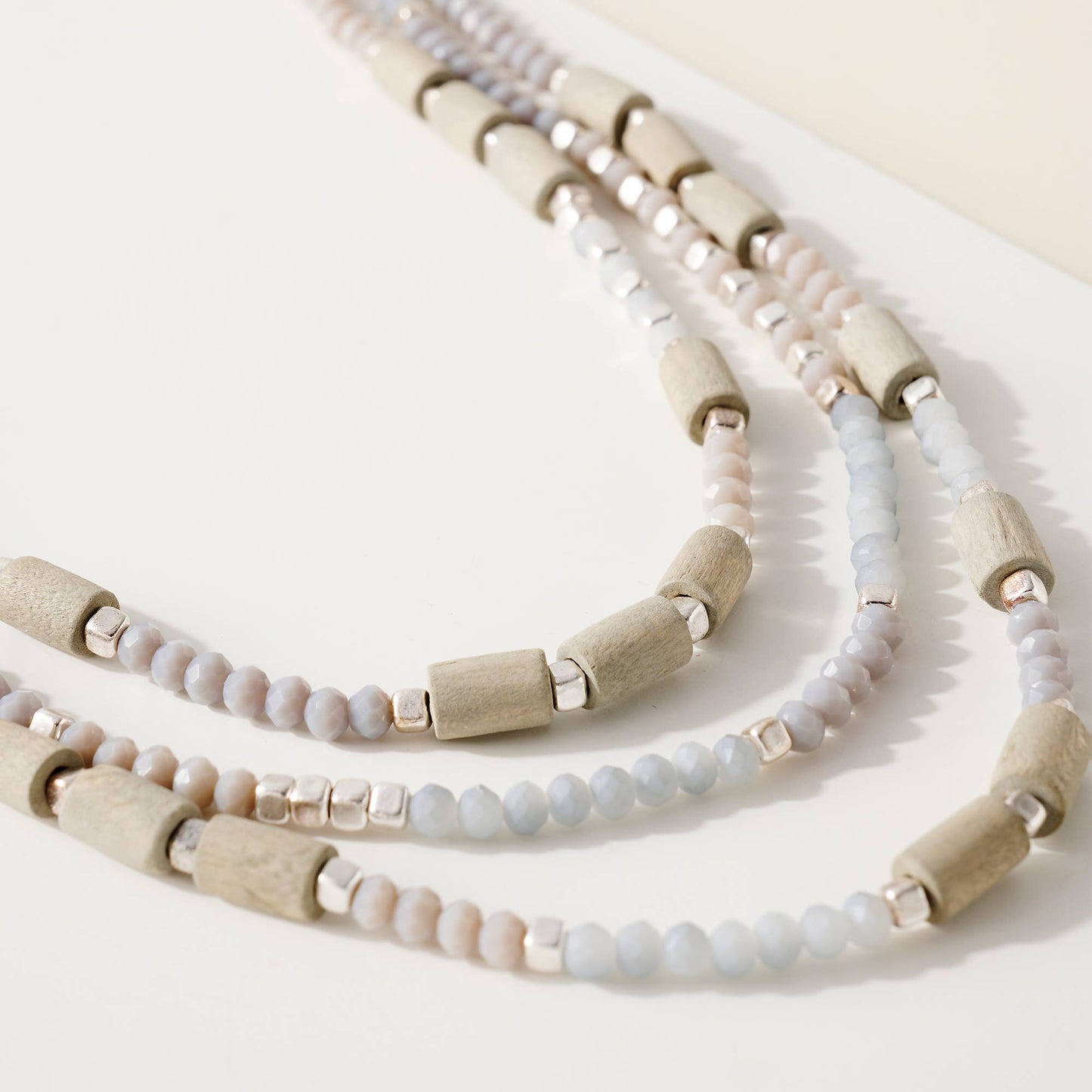 Layered Wood Glass Bead Necklace: GRAY