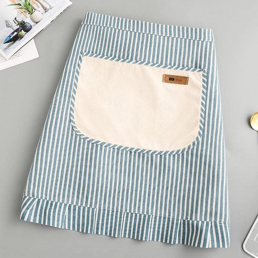 Stripe Waist-Tie Cooking Linen Apron with Pockets BLUE/CREAM