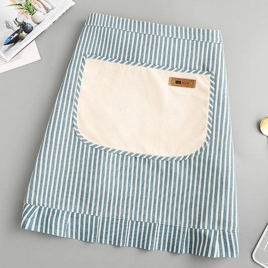 Stripe Waist-Tie Cooking Linen Apron with Pockets BLUE/CREAM
