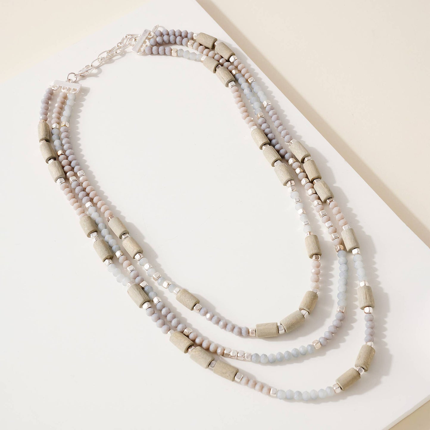 Layered Wood Glass Bead Necklace: GRAY