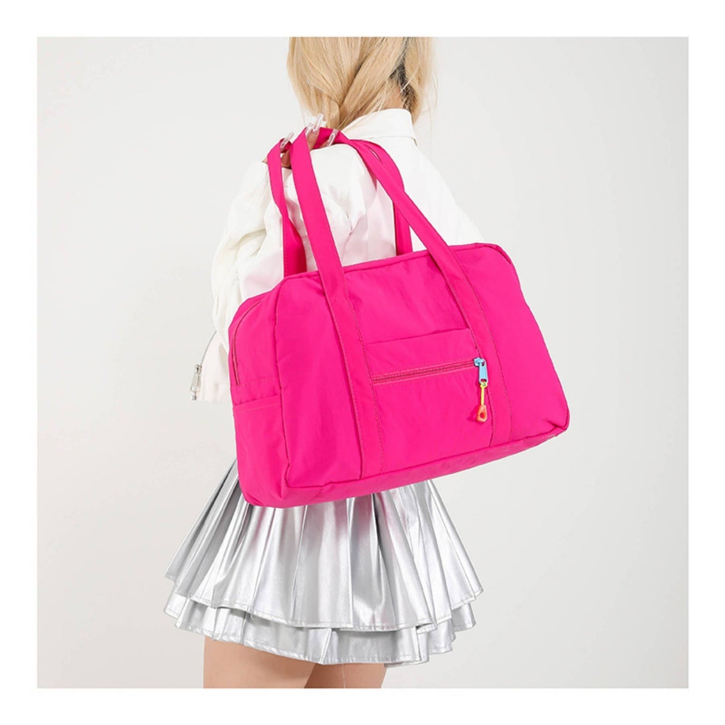 Large Capacity Travel Bag with Handheld, Nylon Shoulder Bag: Rose Red