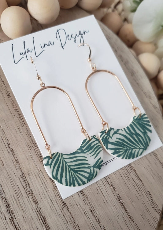 Arch Palm Leaf | Clay Green White Gold Arch Earrings