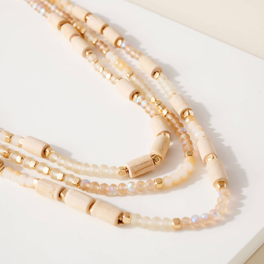 Layered Wood Glass Bead Necklace: NATURAL