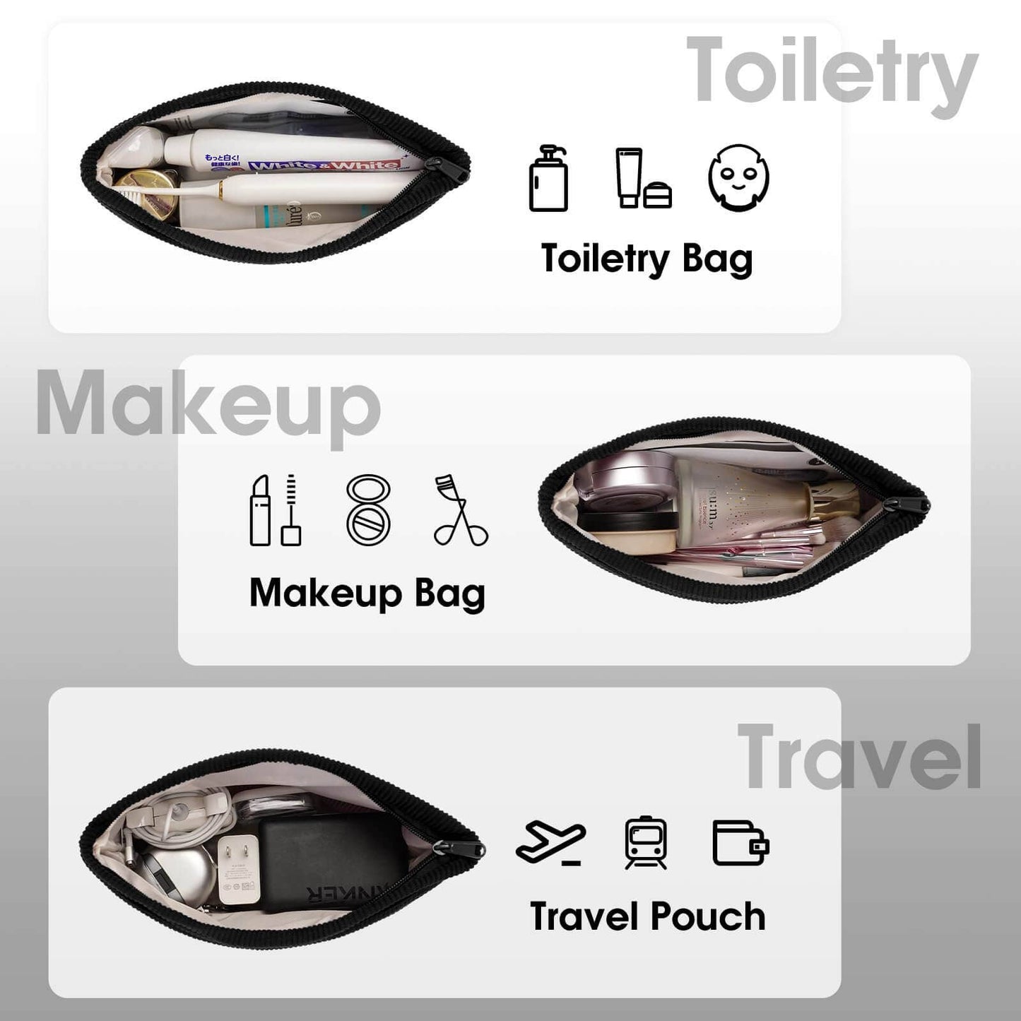 Corduroy Makeup Bag Zipper Pouch Small Objects Storage Bag: Black