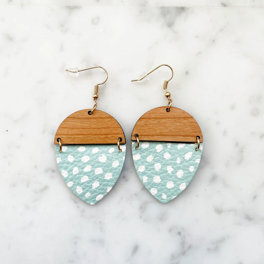 Genuine Leather and Wood Earring - Seafoam Green