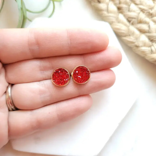 Red Druzzy Stud Earrings