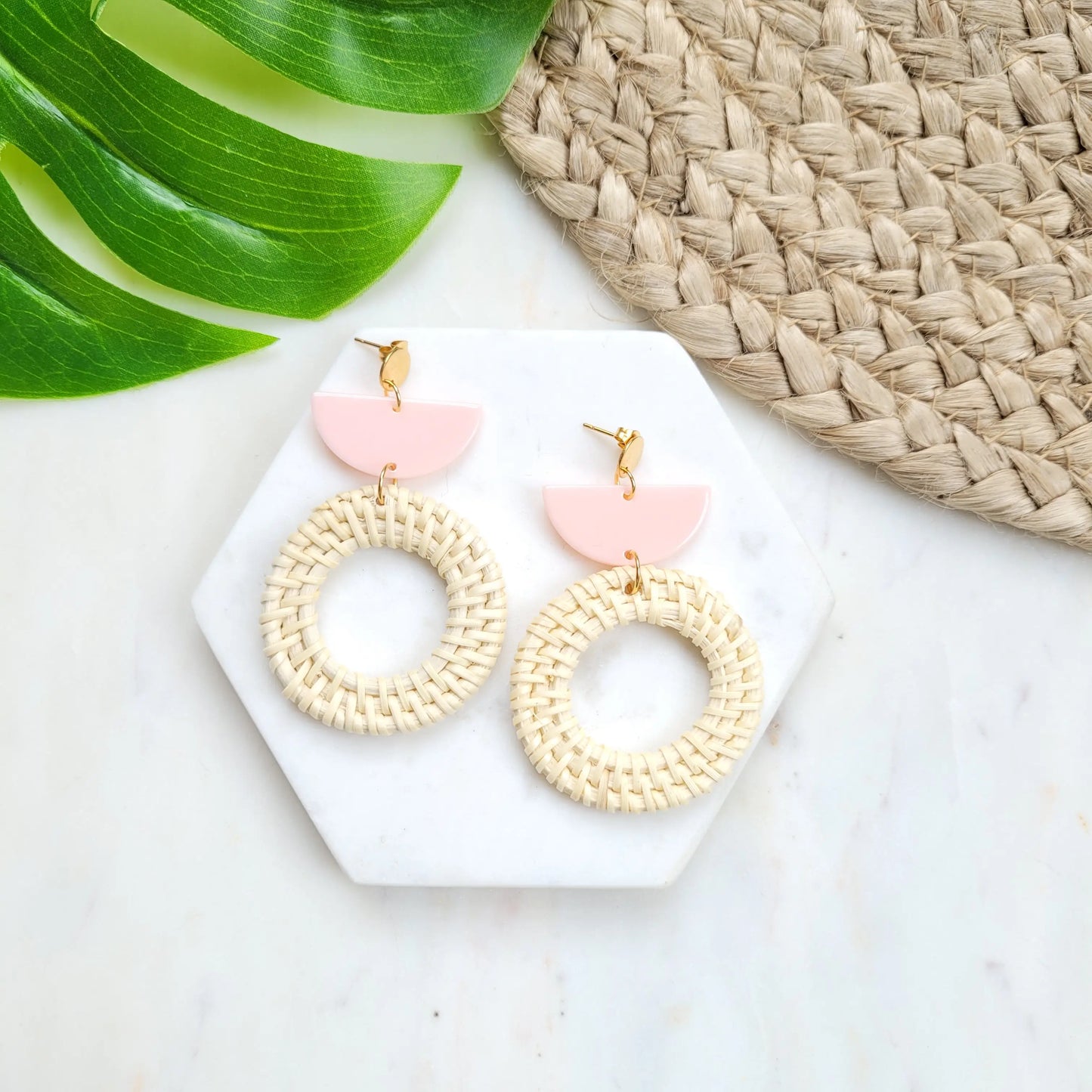 Lana Earrings - Shell Pink / Resort Woven Rattan Earring