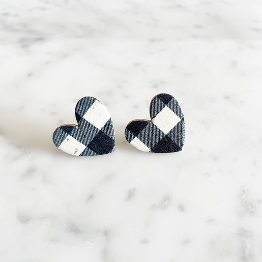 Large Buffalo Plaid Heart Stud Earrings .5" - Genuine Leather